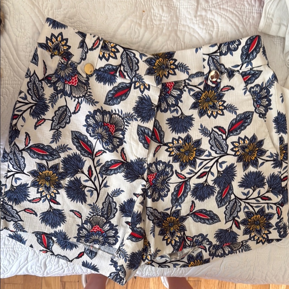 LOFT High Waist White and Blue Shorts with Floral Print